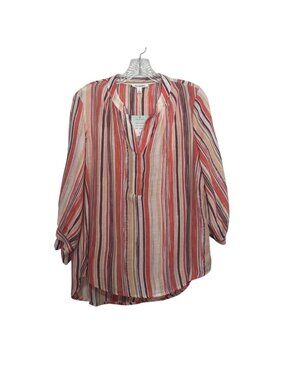 Palm Rio Striped High Low Blouse Shirt Small Orange Tan New Lightweight